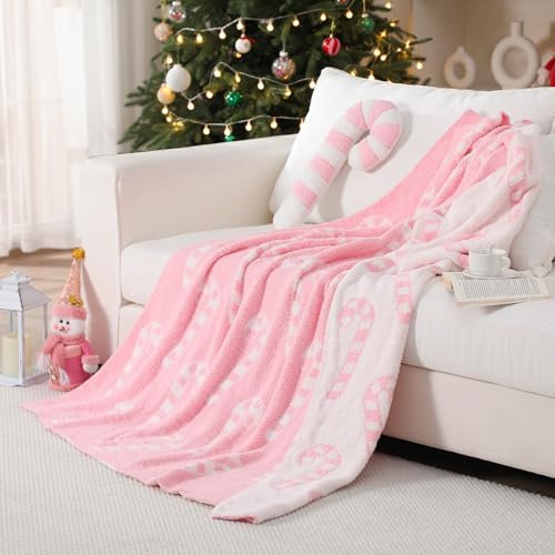 Pink Candy Canes Throw Blanket & Pillow Set - Christmas Home Decor