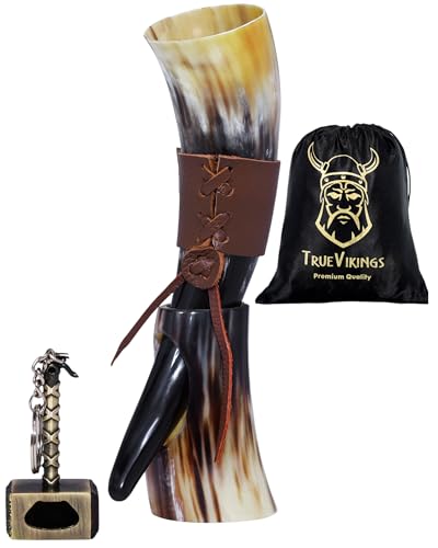 TRUE VIKING Handcrafted Ox Horn Drinking Horn - Shine Polished Pack of 1 with Thor Bottle Opener & Stand, 12 oz Viking Beer & Mead Cup - Valentine Gift