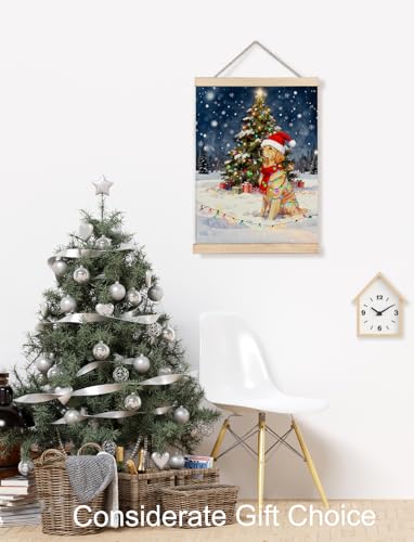 XUNLURY Christmas Tree Wall Art - Golden Retriever Canvas Poster, Snowy Winter Night, 12x16 Inch, Color-5