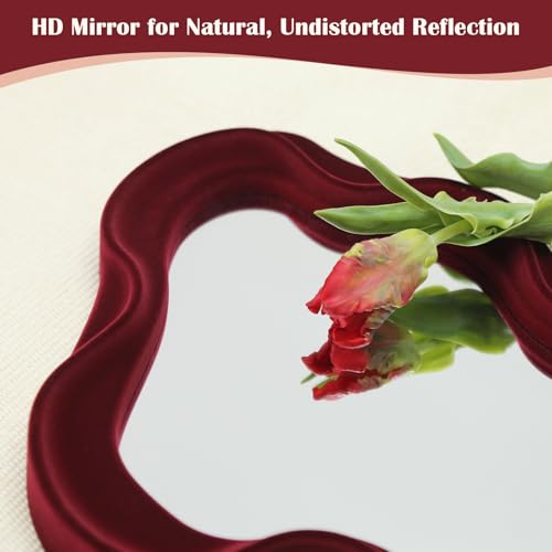 Wine Red Wavy Wall Mirror, 16x10" Flocked Cloud Decorative Mirror