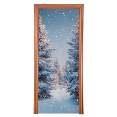 Burbuja 35 x 79 in Snowy Forest Door Cover - Stretch Fabric Backdrop for Holidays