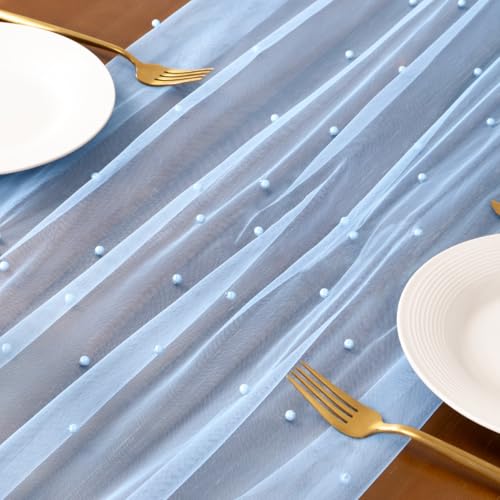 Sheer Pearl Gauze Table Runner 10FT - Rustic Tulle Decor for Weddings