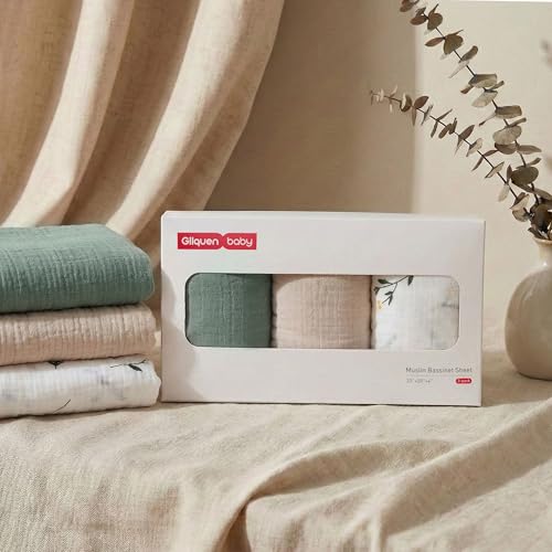 Muslin Cotton Bassinet Sheets 3-Pack, 33"x20" OEKO-TEX Fitted Bedside Sleeper