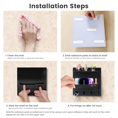 Bedside Wall Mount Organizer Shelf with Hooks and Adhesive Backing