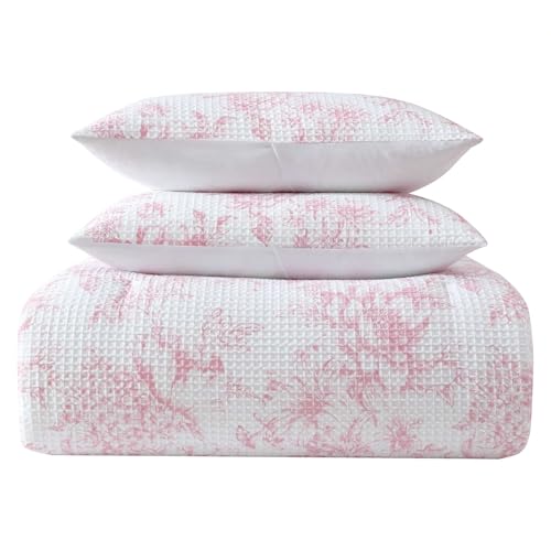 Floral Waffle Textured Comforter Set with Shams - Pastel Pink, Full/Queen