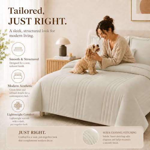 7-Piece Queen Comforter Set - Vertical Quilted Bed in a Bag, Beige