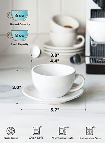 LE TAUCI White 6 oz Cappuccino Cups with Saucers Set of 4 - Ceramic Coffee Mug for Latte & Mocha