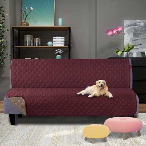 Water Repellent Futon Sofa Cover, 68" Armless Couch Protector, Burgundy/Tan, Washable & Pet Friendly