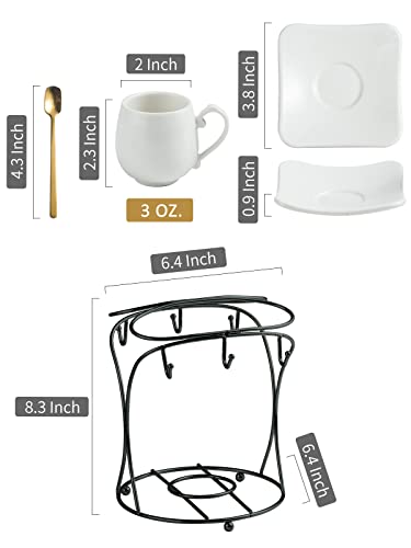 LYEOBOH White Espresso Cups with Saucers Set, Metal Stand & Spoons - A-White