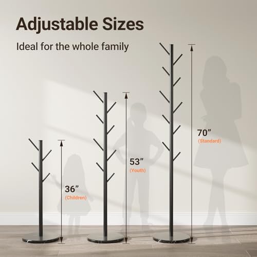 Adjustable Height Metal Coat Rack with Natural Marble Base, 10 Hooks