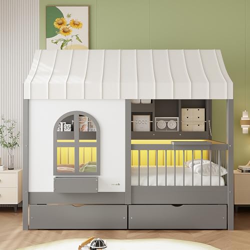 Twin Size House Bed with Storage Drawers, Bookshelf, and LED Lighting