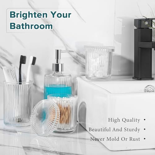 4-Piece Ribbed Glass Bathroom Accessory Set - Soap Dispenser & Holder Kit