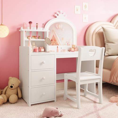 Kids Vanity Set with Crown Mirror, 3-Color LED Lights, and Chair