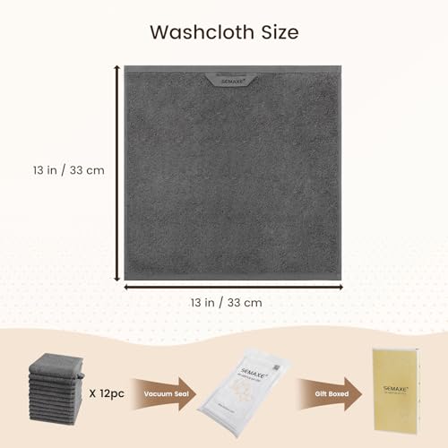 12-Pack Combed Cotton Washcloths with Hanging Loops - Charcoal Gray