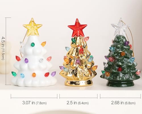 Mini 4.5-Inch Nostalgic LED Ceramic Christmas Tree Set of 3 with Lights, Hanging Ornaments - Holiday Decor