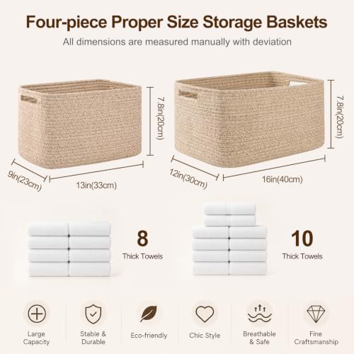 4 Pack Cotton Rope Storage Baskets Rectangular Cube Bins with Handles