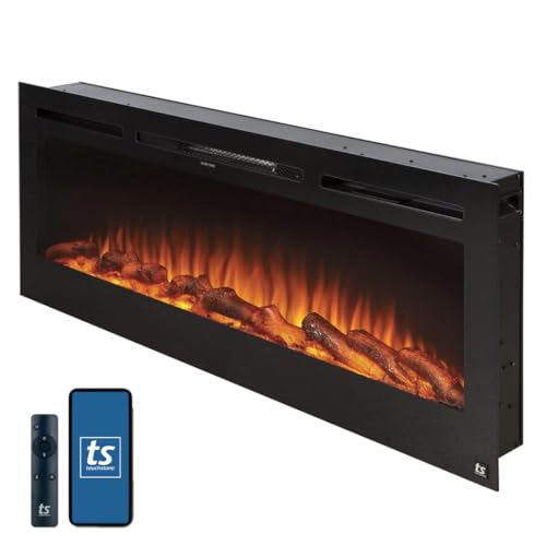 Smart Electric Fireplace 50-Inch Recessed In-Wall Heater with Wi-Fi and Realistic Flame Options