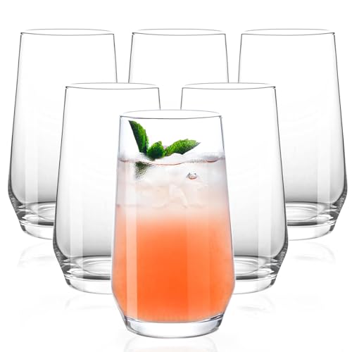 Tall 16 oz Crystal Clear Water Glasses Set of 6 - Lead-Free, Elegant Drinkware