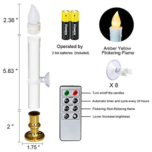 Wondise 8-Pack Flameless Window Taper Candles with Remote & Timer (5-Gold) - White Pillar LED Candles