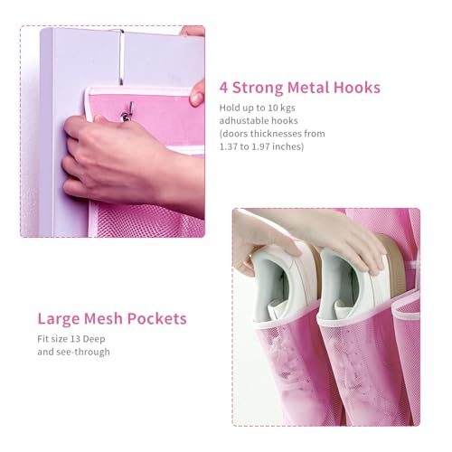 35-Pocket Over the Door Shoe Organizer with Mesh Pockets & Hooks, Pink
