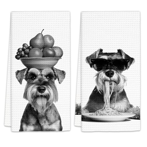 Funny Schnauzer Dog Kitchen Towels Set of 2 - Decorative Pasta & Fruit Bowl Hand Towels for Home & Gift