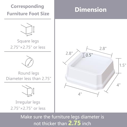 Heavy-Duty 1-Inch Bed Risers 4-Pack - White Furniture Lifts (1500 lbs)