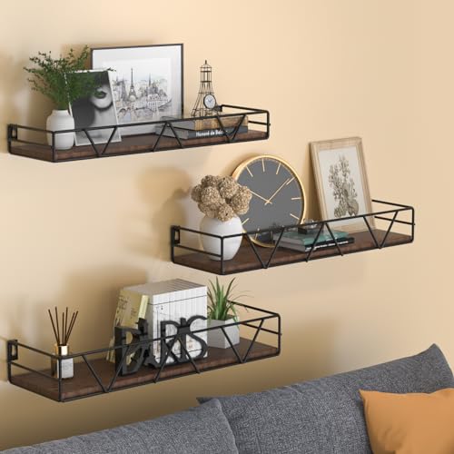 Floating Shelves Set of 3 Wood Wall Shelf with Metal Guardrail