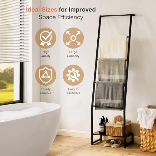 5-Tier Blanket Ladder Shelf, Rustic Wood and Metal Towel Rack for Living Room