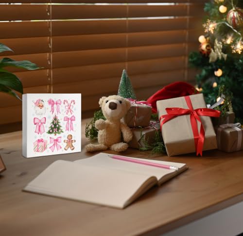 Pink Bow Christmas Tree Wooden Desk Sign - Couquette2 Holiday Decor