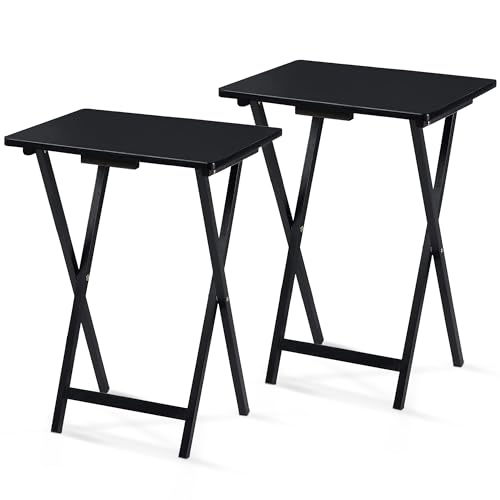 Folding TV Tray Table Set of 2 - Solid Wood Snack Tables with Storage Rack