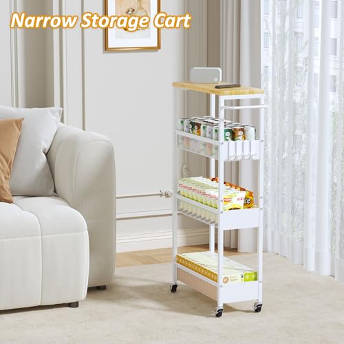 7.1-Inch Slim 4-Tier Rolling Storage Cart on Wheels with Wood Top
