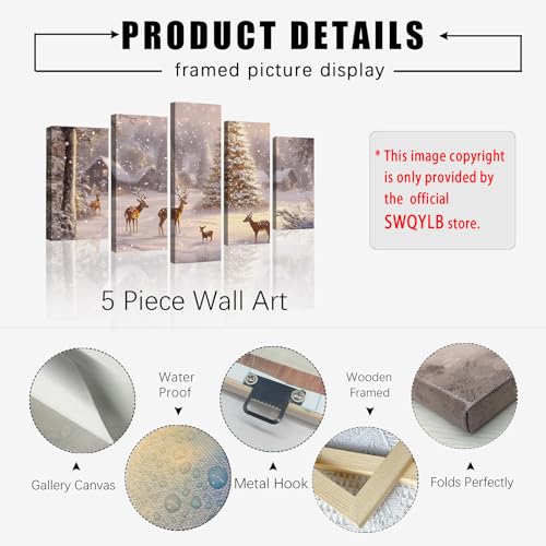 Christmas Canvas Wall Art 5 Piece Snow Deer & Tree Winter Scene Rustic Decor 8x14x2 8x18x2 8x22x1