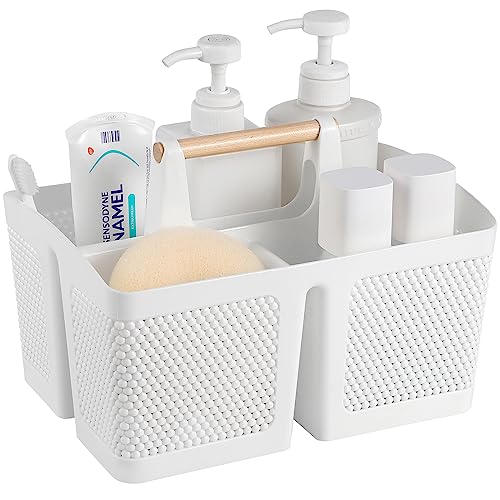 Rejomiik Portable Plastic Shower Caddy Basket with Wood Handle, White