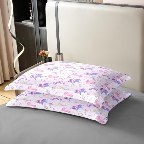 Queen Size Cotton Duvet Cover Set - Purple Unicorn Rainbow Floral Bedding