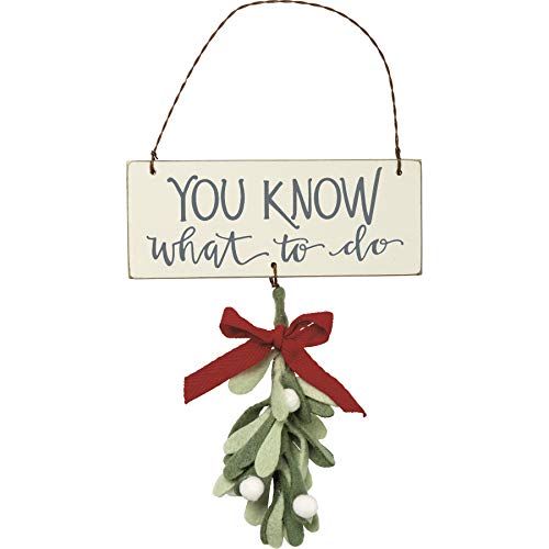You Know What To Do Wooden Christmas Ornament with Mistletoe, White & Grey, 5" x 2"