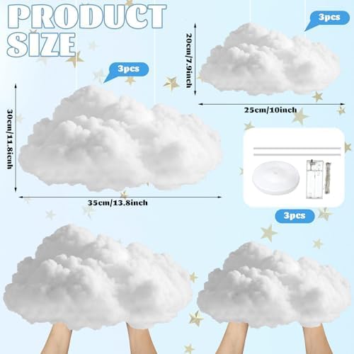 Skiennix 3 Set Artificial Cloud LED Light Decorations - Fluffy Cotton Clouds for Baby Showers & Parties