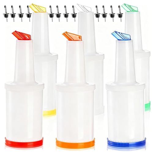 6 Pack Plastic Juice Dispenser Bottles with Stainless Steel Pourers, 34 OZ Bar & Home Kitchen Liquor & Juice Storage