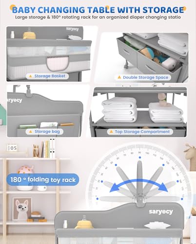 Portable Baby Changing Table with Storage, Adjustable Height Folding Station