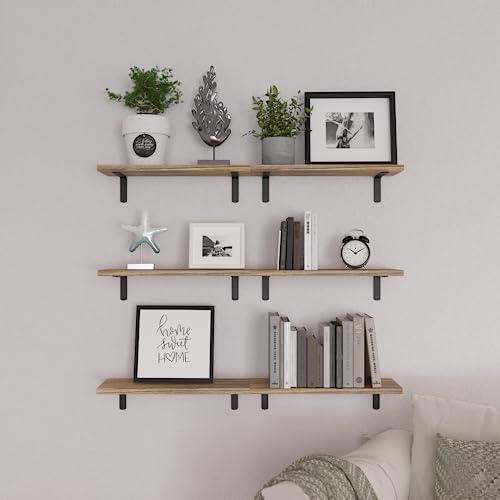 Rustic Wood Floating Shelves Set of 6 - Wall Mounted Storage Shelves