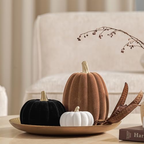 3-Piece Flocked Resin Pumpkin Set for Fall Thanksgiving Home Decor