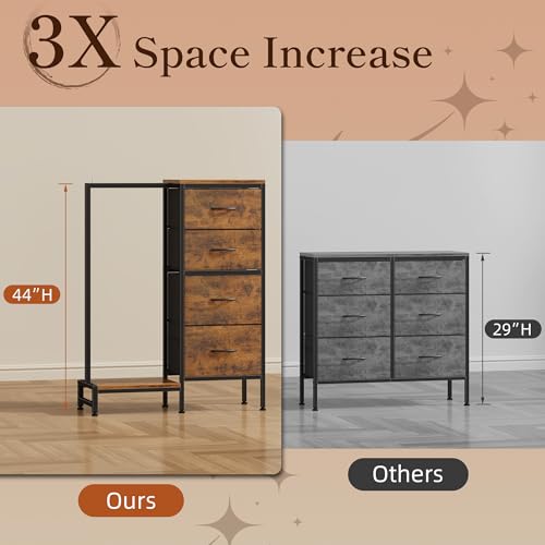 Rustic Brown 44'' Tall Dresser with Hanging Clothes Rack & 4 Drawers - Reversible, Sturdy Storage Tower