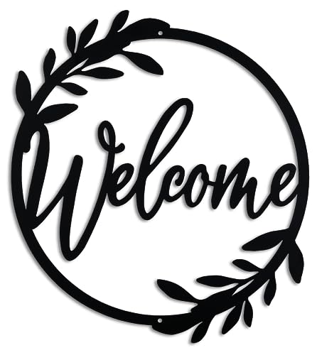 13.5-Inch Metal Welcome Sign - Round Black Wreath Wall Decor for Front Door