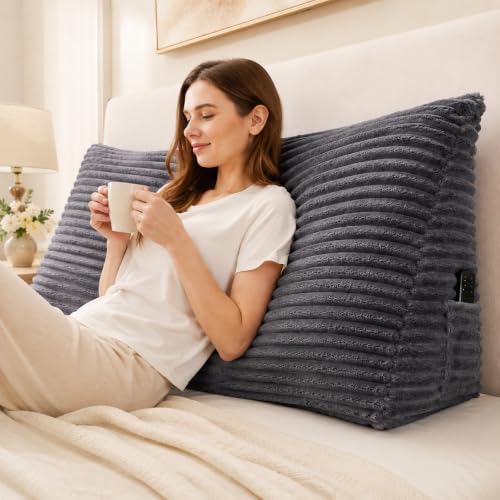 Queen Headboard Wedge Pillow with Removable Cover & Pockets
