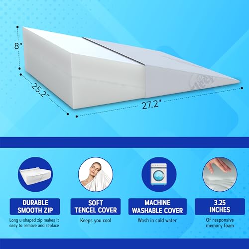 8" Bed Wedge Pillow for Acid Reflux and Sleep Apnea - 3.25" Memory Foam