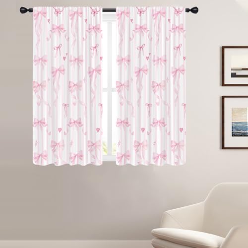 Pink Bow Curtains for Girls Room - 42x63 Inch Rod Pocket Drapes