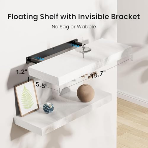 White Floating Wall Shelves - Set of 3 Wood Decor Shelves with Invisible Brackets