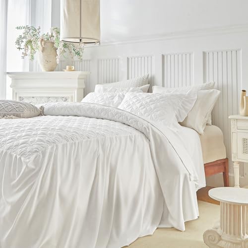 UOZZI BEDDING Queen Ruffle Skirt Bedspread Set - 30" Drop White Quilt