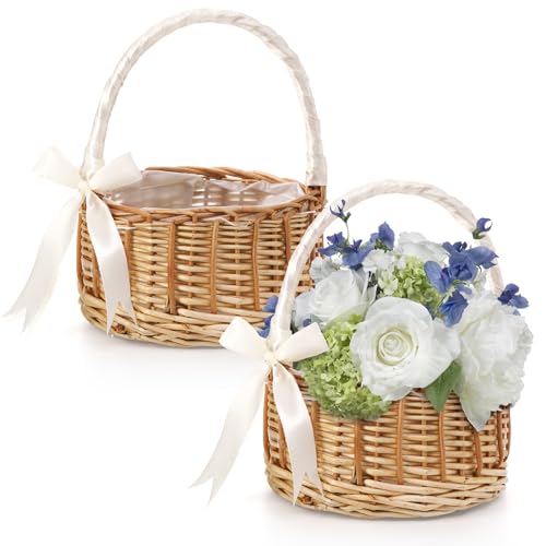2-Pack Handmade Wicker Flower Girl Baskets with Ribbon and Handles