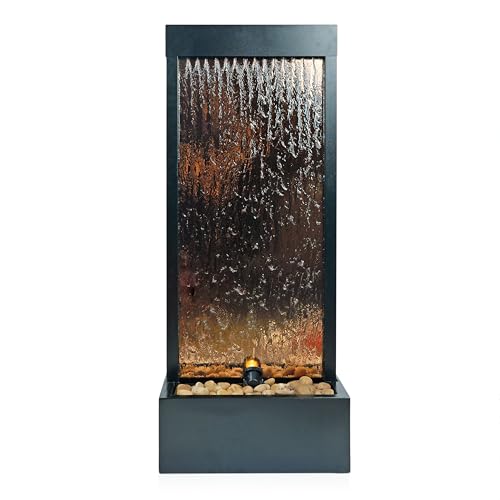 48-Inch Wall Mounted Mirror Waterfall Fountain with LED Lights and Stones
