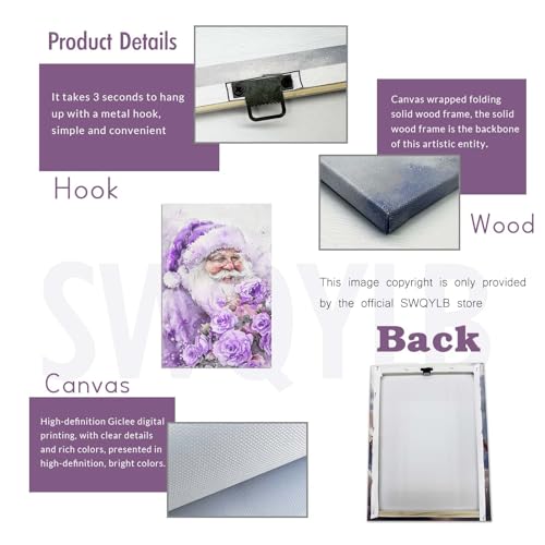 Christmas Canvas Wall Art Santa Claus and Roses Framed 16x24 Purple Holiday Decor